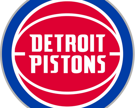 Logo detroit pistons con lettering bianco su pallone da basket rosso cerchiato di blu e contornato dargento