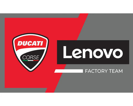 Loghi ducati corse e lenovo factory team su sfondo grafico rosso e grigio nella collezione ducati lenovo team