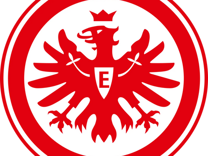 Emblema circolare rosso e bianco con aquila bicèfala coronata e scudo con e nel centro della collezione eintracht francoforte
