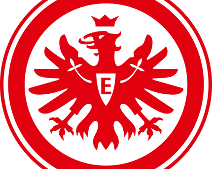 Emblema circolare rosso e bianco con aquila bicèfala coronata e scudo con e nel centro della collezione eintracht francoforte