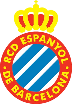 L’emblema espanyol con corona gialla sopra un design circolare con strisce diagonali blu e bianche e lettere rosse