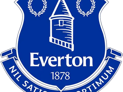 Cresta del everton football club blu con torre bianca, corone dallodio e motto nil satis nisi optimum su nastro argento.
