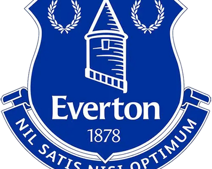 Cresta del everton football club blu con torre bianca, corone dallodio e motto nil satis nisi optimum su nastro argento.