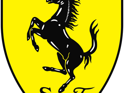 Il logo iconico ferrari con cavallo rampante nero su scudo giallo con bandiera italiana verde bianco rosso