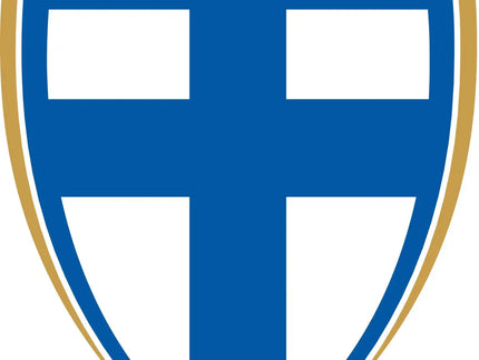 Emblema a scudo blu e bianco con bordo dorato e scritta suomi sopra una croce finlandese stilizzata nella collezione finlandia