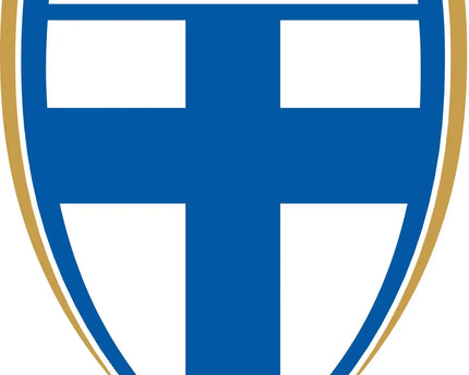 Emblema a scudo blu e bianco con bordo dorato e scritta suomi sopra una croce finlandese stilizzata nella collezione finlandia