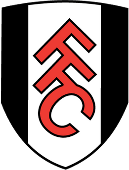 Emblema di fulham con f e c stilizzate in rosso su scudo a righe verticali nere e bianche
