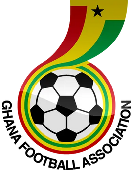 Emblema della federazione calcistica del ghana con pallone bianco e nero e nastri rossi gialli e verdi con stella sopra