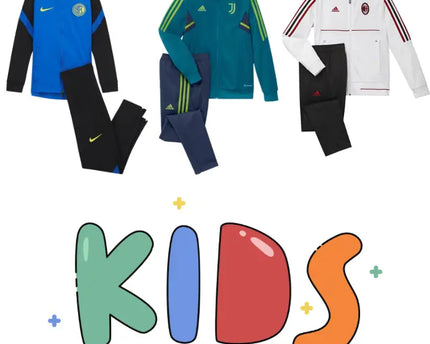 Tre completi sportivi bambini giacca e pantaloni con logo inter milan blu nero juventus turchese navy e ac milan bianco nero