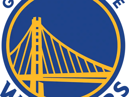 Il logo ufficiale dei golden state warriors con ponte giallo su sfondo blu e nome della squadra in blu arcuato.