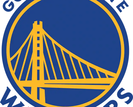 Il logo ufficiale dei golden state warriors con ponte giallo su sfondo blu e nome della squadra in blu arcuato.