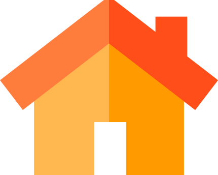 Icona stilizzata di casa arancione e gialla con design geometrico semplice per home page.