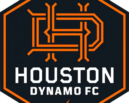 Logo della houston dynamo fc con contorno esagonale arancione emblema hd stilizzato e fulmine sottostante