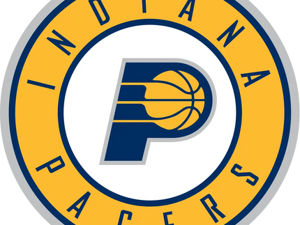 Logo ufficiale degli indiana pacers con p blu navy e pallacanestro gialla integrata nel design circondato dal nome squadra
