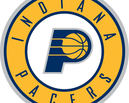 Logo ufficiale degli indiana pacers con p blu navy e pallacanestro gialla integrata nel design circondato dal nome squadra