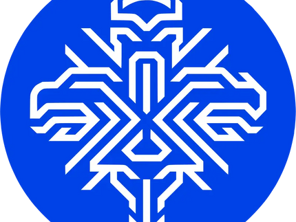 Logo geometrico bianco con motivi simmetrici su sfondo blu per la collezione islanda