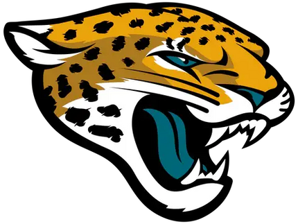 Logo jacksonville jaguars con giaguaro ruggente giallo dorato macchie nere occhi e lingua blu accenti bianchi