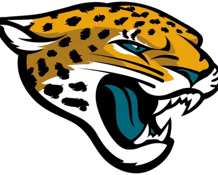 Logo jacksonville jaguars con giaguaro ruggente giallo dorato macchie nere occhi e lingua blu accenti bianchi