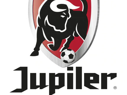 Il logo della jupiler league mostra un toro stilizzato nero e bianco su uno scudo rosso con bordi argento metallizzato