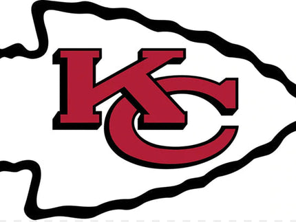 Logo kc rosso e nero su decalcomania bianca a forma di freccia nella collezione kansas city chiefs