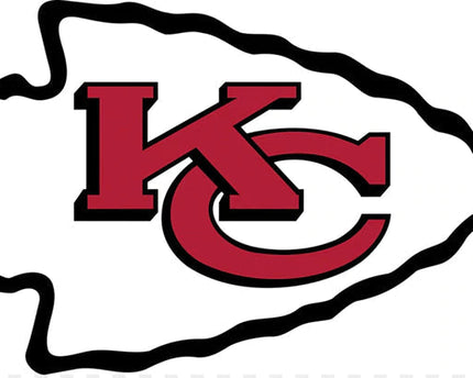 Logo kc rosso e nero su decalcomania bianca a forma di freccia nella collezione kansas city chiefs