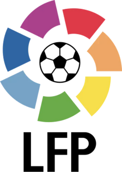 Il logo laliga retro presenta un pallone da calcio bianco e nero circondato da otto segmenti colorati vibranti