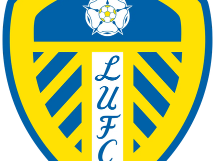 Il crest ufficiale del leeds united con scudo a strisce gialle e blu rosa bianca e pallone al centro in collezione leeds united