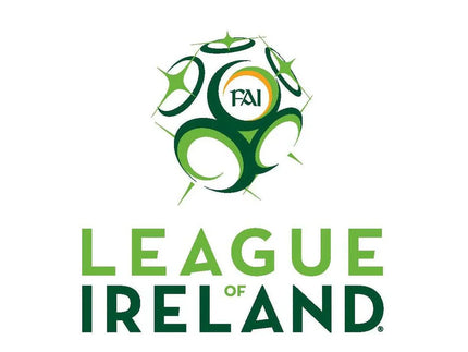Logo stilizzato di pallone da calcio verde e bianco con fai in un cerchio sopra il testo league of ireland