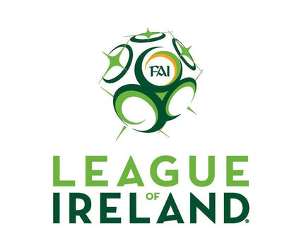 Logo stilizzato di pallone da calcio verde e bianco con fai in un cerchio sopra il testo league of ireland