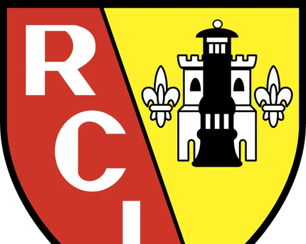 Il crest ufficiale del racing club de lens con scudo diviso in rosso e giallo lettere bianche rcl e un faro nero e bianco