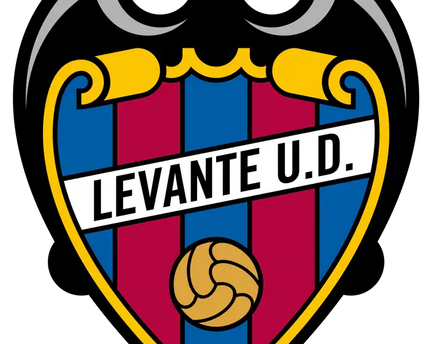 Lo stemma ufficiale del levante u.d. con scudo a strisce verticali blu e rosse, bordato doro e pallone da calcio dorato.