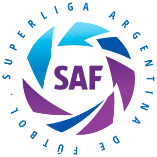 Il logo saf in carattere viola con un turbine astratto blu e magenta nella collezione liga argentina