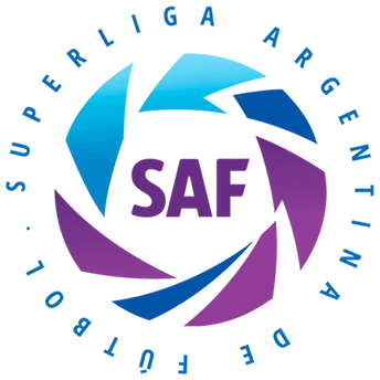 Il logo saf in carattere viola con un turbine astratto blu e magenta nella collezione liga argentina