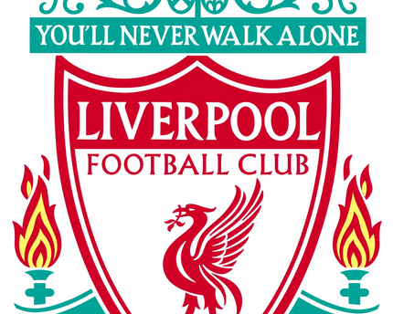 Lo stemma iconico del liverpool football club con il liver bird rosso su scudo bianco e dettagli turchesi