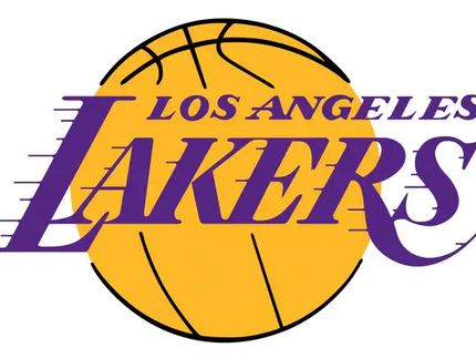 Il logo dei los angeles lakers presenta un pallone da basket giallo vivace con scritte viola e linee dinamiche.