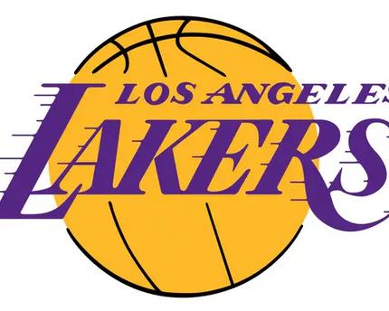 Il logo dei los angeles lakers presenta un pallone da basket giallo vivace con scritte viola e linee dinamiche.