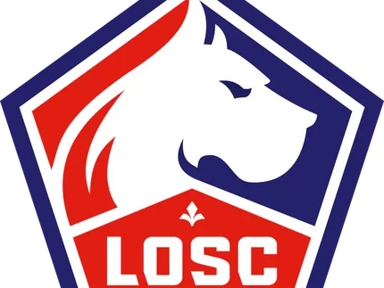 Emblema ufficiale del paris saint-germain con testa di cavallo bianca su sfondo pentagonale blu e rosso con iniziali losc