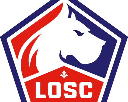 Emblema ufficiale del paris saint-germain con testa di cavallo bianca su sfondo pentagonale blu e rosso con iniziali losc