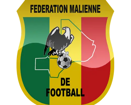 L’emblema del mali mostra un’aquila nera sopra un pallone da calcio su strisce verdi gialle e rosse con testo nero
