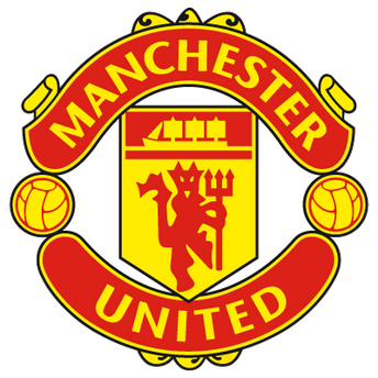 Lo stemma iconico del manchester united con il diavolo rosso su scudo giallo e palloni dorati ai lati
