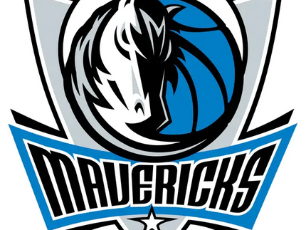 Il logo dei dallas mavericks mostra una testa di cavallo nero e bianco su un pallone blu in uno scudo emblematico.