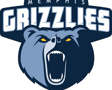 Il logo dei memphis grizzlies mostra una testa di orso grizzly feroce in blu navy e grigio con occhi gialli luminosi
