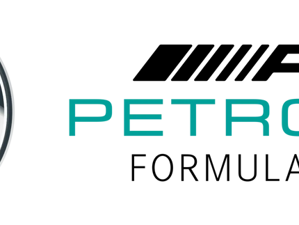 Logo mercedes benz argento con testo petronas turchese nella collezione mercedes amg petronas