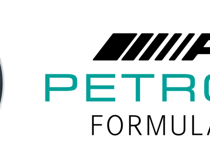 Logo mercedes benz argento con testo petronas turchese nella collezione mercedes amg petronas