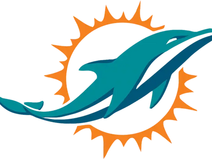Logo miami dolphins con delfino turchese che salta attraverso un sole arancione stilizzato