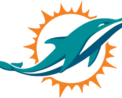 Logo miami dolphins con delfino turchese che salta attraverso un sole arancione stilizzato