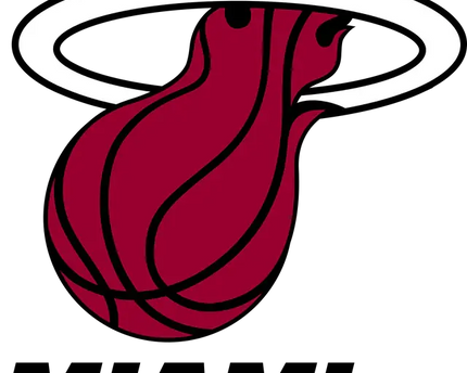 Il logo miami heat con pallacanestro marrone, linee nere e fiamme arancioni circondate da un anello bianco