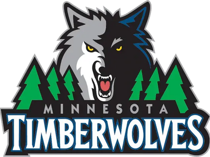 Logo dei minnesota timberwolves con un lupo grigio e nero feroce dagli occhi gialli su pini verdi
