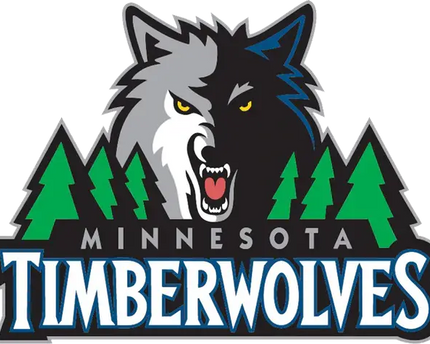 Logo dei minnesota timberwolves con un lupo grigio e nero feroce dagli occhi gialli su pini verdi
