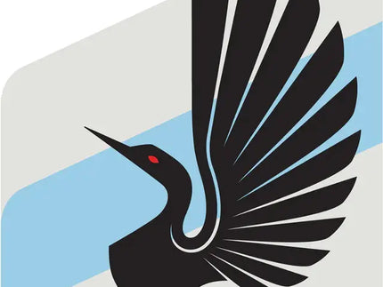 Logo stilizzato di uccello nero con occhio rosso su sfondo geometrico a strisce grigio chiaro e blu della minnesota united fc
